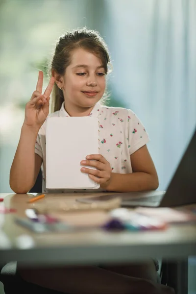 Shot Diligent Little Girl While Online Lesson Home Covid Pandemic — Stock Photo, Image