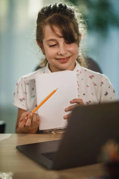 Shot Diligent Little Girl Using Laptop Online Lesson Home Covid — Stock Photo, Image