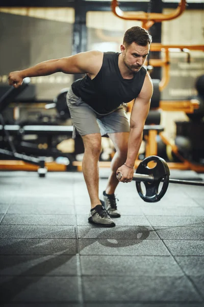 Aufnahme Eines Muskulösen Kerls Sportbekleidung Beim Training Mit Der Langhantel — Stockfoto