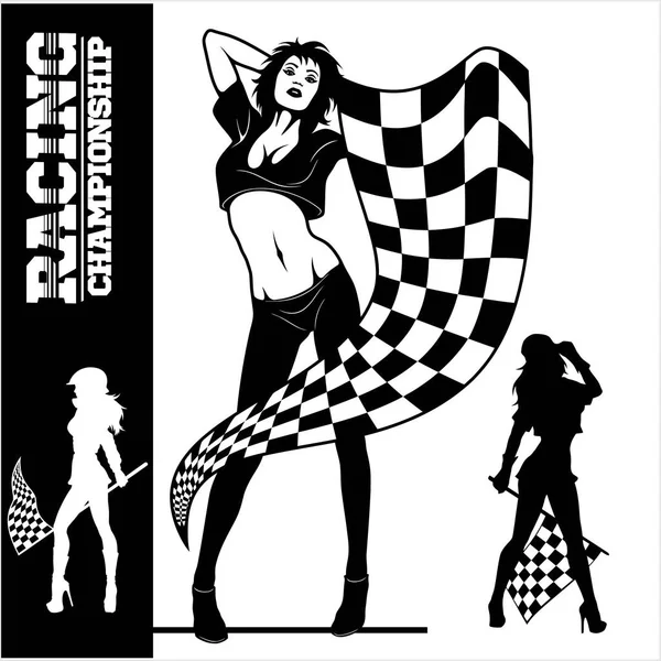 Street Racing. Sexy sport girls with starting the checkered flags. Auto Motor Racing