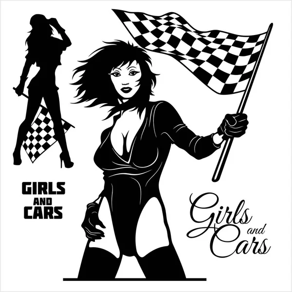 Street Racing. Sexy sport girls with starting the checkered flags. Auto Motor Racing