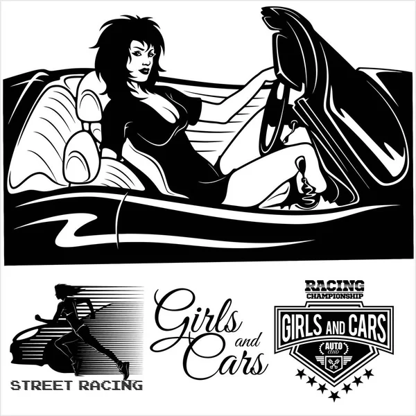 Street Racing. Sport girl with starting the checkered flag. Auto Motor Racing