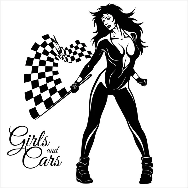 Street Racing. Sexy sport girl with starting the checkered flag. Auto Motor Racing