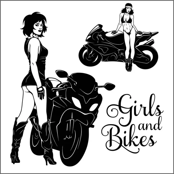 Woman and sport motorbike - monochrome illustration.