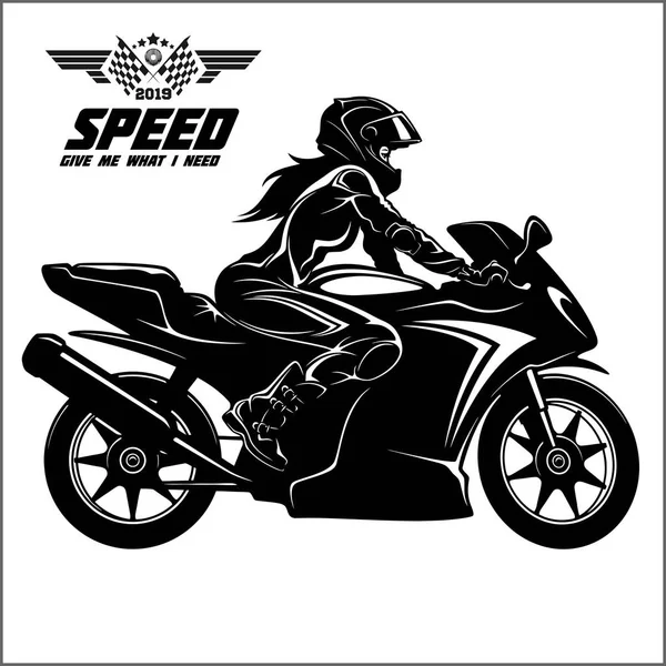 Woman and sport motorbike - monochrome illustration.