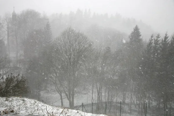 Una Tempesta Neve Forte Vento Una Giornata Invernale Nuvolosa Villaggio — Foto Stock