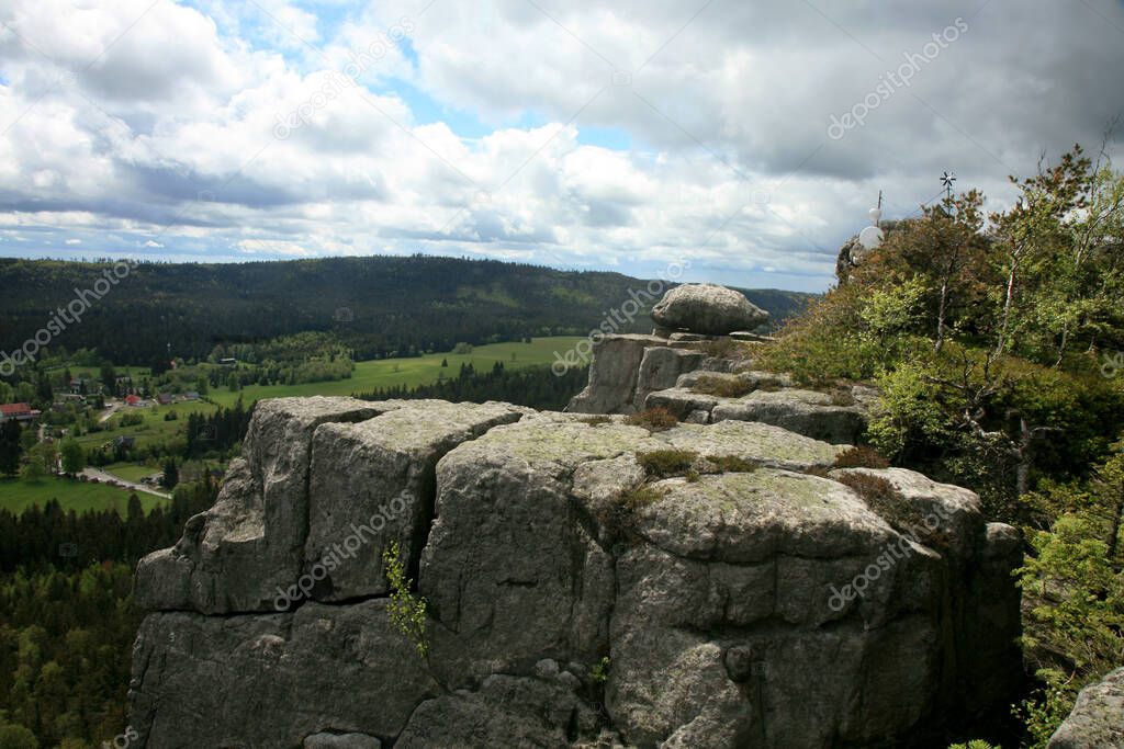 Rock formations in Szczeliniec Wielki in the Stolowe Mountains, the Sudeten range in Poland. The Stolowy Mountains National Park is a great tourist attraction