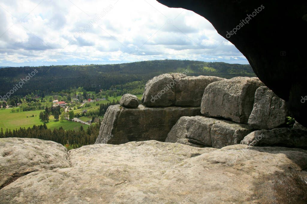 Rock formations in Szczeliniec Wielki in the Stolowe Mountains, the Sudeten range in Poland. The Stolowy Mountains National Park is a great tourist attraction