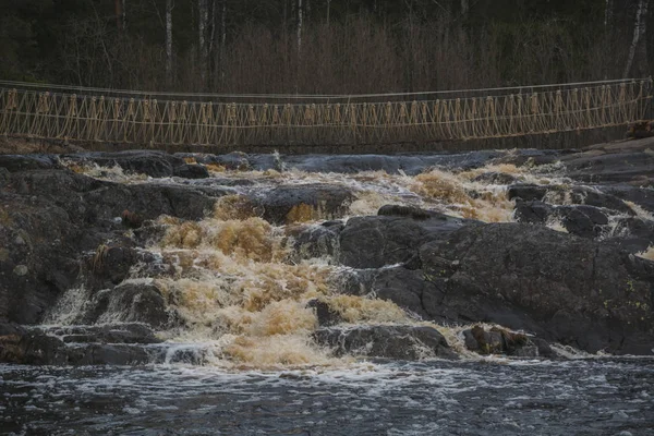 Suspension Bridge Waterfall Stormy North River — Stok Foto