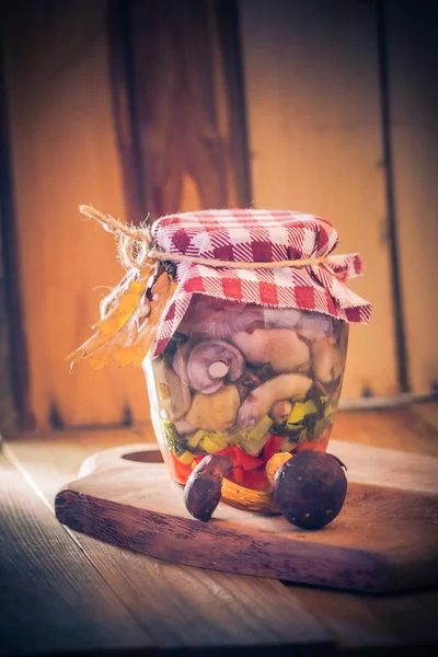 Gifts Autumn Mushrooms Marinated Vegetables Jar — Stock Photo, Image
