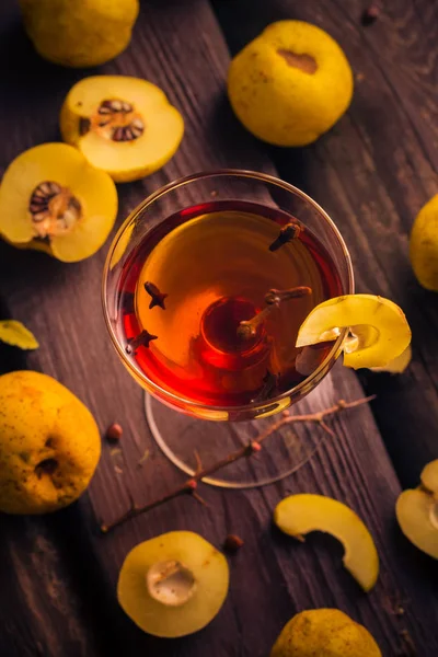 Tincture Cup Fruit Quince Wooden Table — Stock Photo, Image