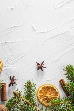 Noel beyaz arka plan ile kozalaklı ve kurutulmuş turuncu ve metin için yer taze dallar