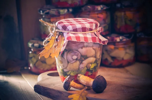 Autumn Harvest Mushrooms Marinated Vegetables Jars — Stock Photo, Image