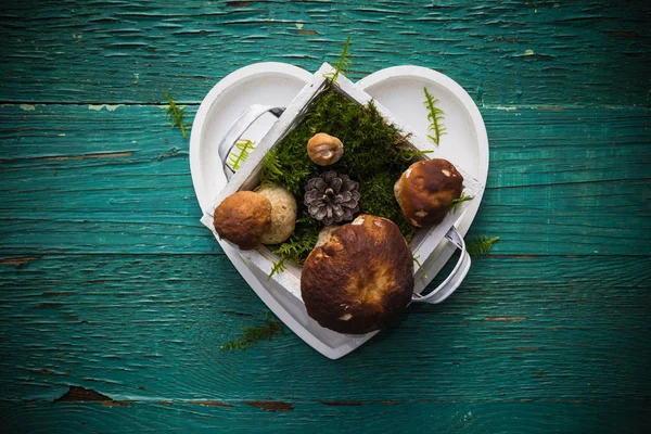 Boletus Ett Hjärta Formad Låda Ett Träbord — Stockfoto