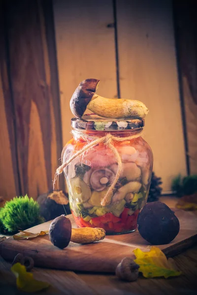 秋天的礼物 在罐子里用蔬菜腌制的蘑菇 — 图库照片