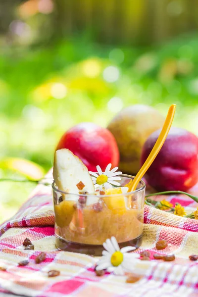 Bebida de verano jardín smoothie peras nectarinas pasas — Foto de Stock