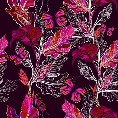 Mor yaprakları ve kelebekler ile sorunsuz bir arka plan. Vektör