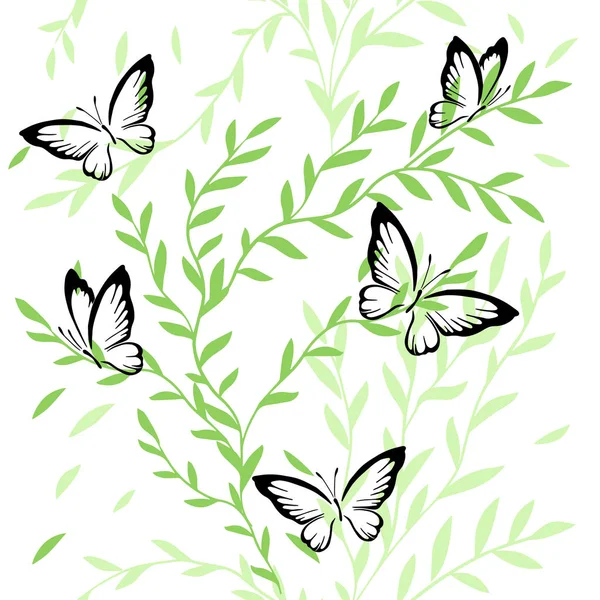 Nahtloser Hintergrund von Zweigen mit Schmetterlingen — Stockvektor