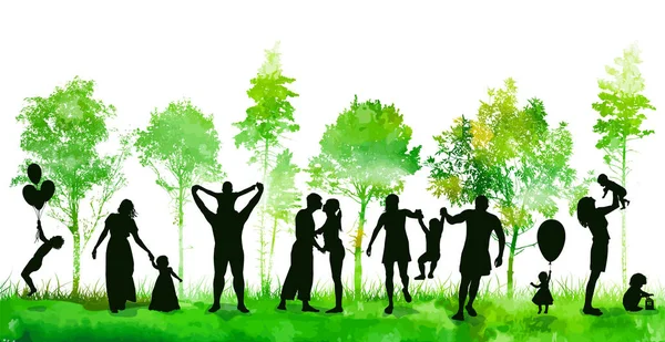 Silhouettes of people in nature. Happy families together. Vector — Stock Vector