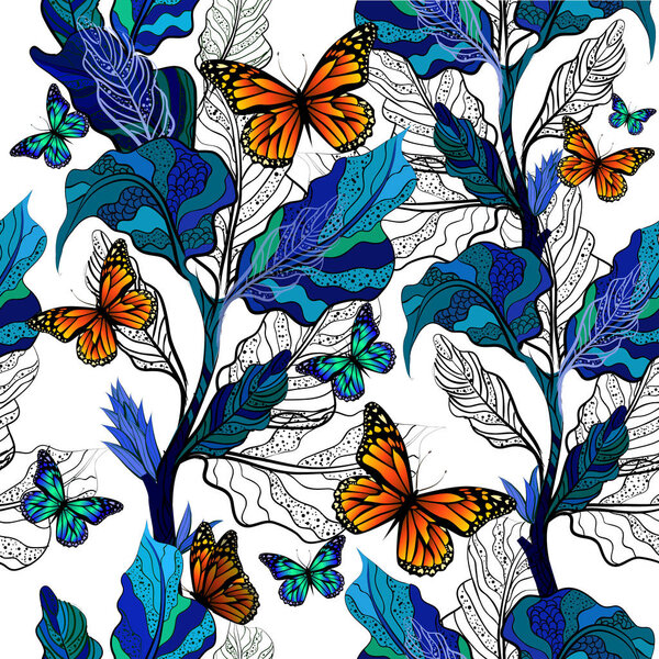 A seamless beautiful background leaves with butterflies. Vector illustration