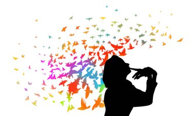 Renkli kuşları olan bir kızın silueti. Vektör çizimi