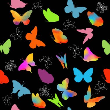 Siyah bir arka plan üzerinde renkli kelebekler. Kelebekler ile dikişsiz desen. Vektör çizimi