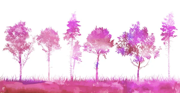 Sfondo rosa e viola alberi sagome. Illustrazione vettoriale — Vettoriale Stock