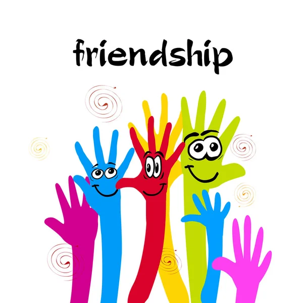 Przyjaźni. Ręce są wielokolorowe. Dzień przyjaźni. Ilustracja wektorowa — Wektor stockowy