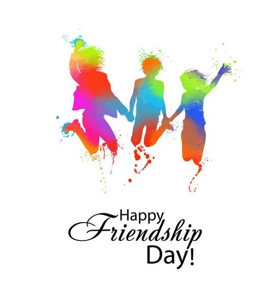 Silhouettes of jumping multicolored friends. Happy Friends Day. Usable as greeting cards, posters, clothing, t-shirt for your friends. Vector illustration — Stock Vector
