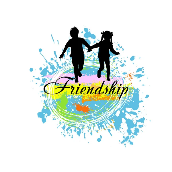 A többszínű gyerekek futtatása kezet fog. Boldog barátság napja. Vektoros illusztráció — Stock Vector