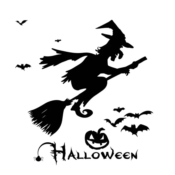 La silueta de una bruja volando sobre una escoba. Feliz Halloween. Ilustración vectorial — Vector de stock