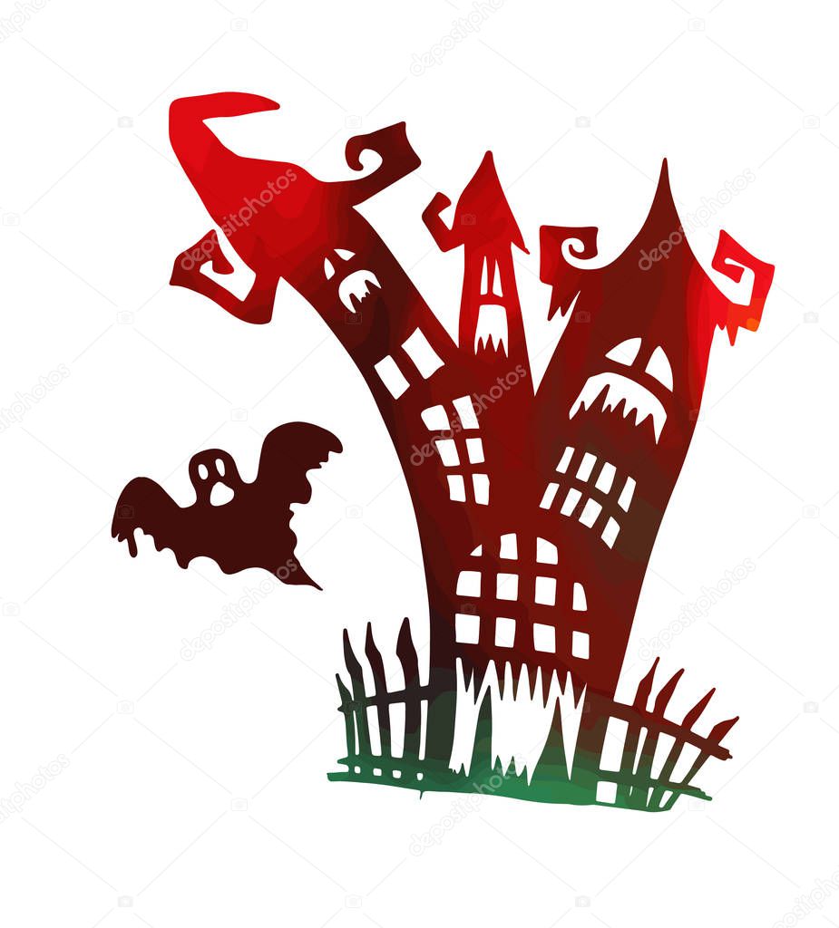 Happy Halloween. A castle of horrors with ghosts. Vector illustration