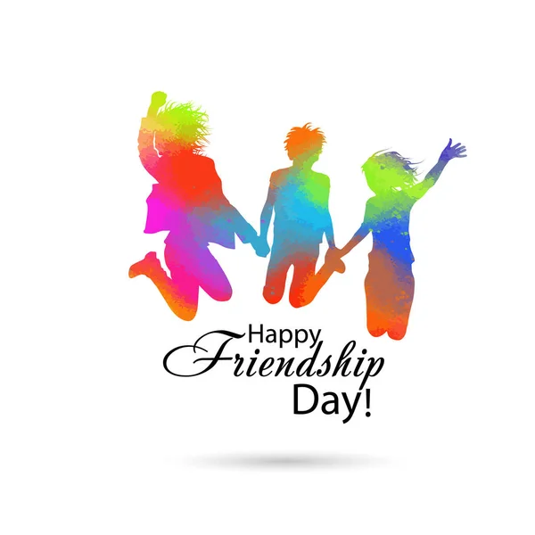 Silhouettes of jumping multicolored friends. Happy Friends Day. Usable as greeting cards, posters, clothing, t-shirt for your friends. Vector illustration — Stock Vector