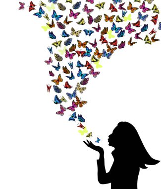 Uçan kelebekler ile kız silueti. Vektör çizimi
