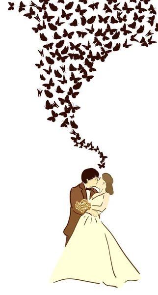 Silueta de Novia y Novio. Muchas mariposas voladoras. Ilustración vectorial — Vector de stock