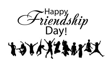 Zıplayan arkadaşların siluetleri. Mutlu Arkadaşlar Günü. Tebrik kartları, posterler, giyim, arkadaşlarınız için t-shirt olarak kullanılabilir. Vektör çizimi