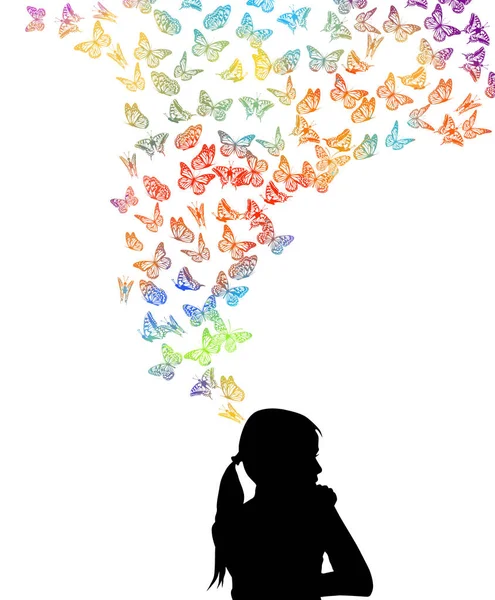 Silhouette ragazza con farfalle volanti. Illustrazione vettoriale — Vettoriale Stock