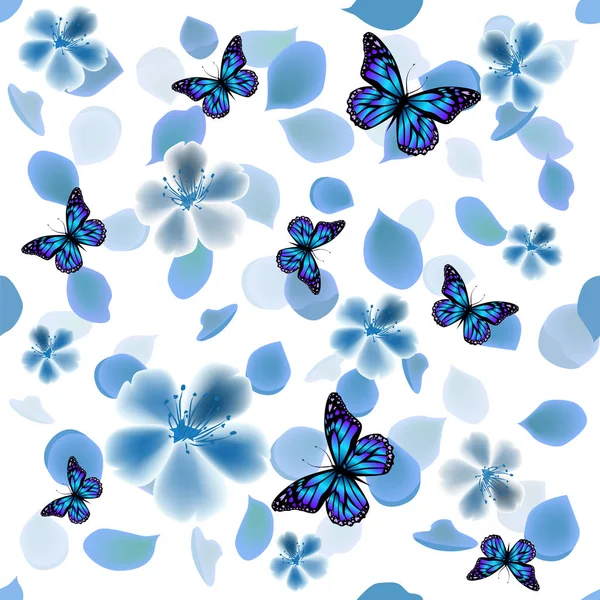 Ein nahtloser Hintergrund mit blauen Blumen und Schmetterlingen. Vektor — Stockvektor