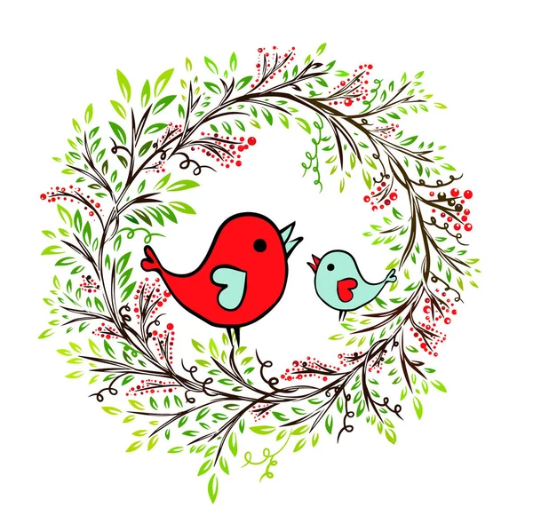 Deux oiseaux mignons bébé dessin. Tour belle couronne de brindilles avec des oiseaux. Illustration vectorielle — Image vectorielle