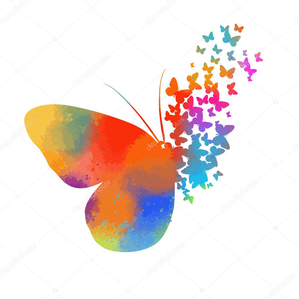 Abstract butterfly multicolored from parts. A lot of flying butterflies. Vector illustration