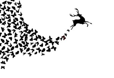 Uçan kelebekleri olan bir geyiğin silueti. vektör illüstrasyon