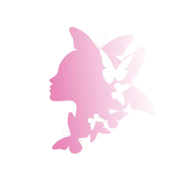 Profilo della bella ragazza rosa silhouette con farfalle volare dai suoi capelli isolati su sfondo bianco - illustrazione vettoriale — Vettoriale Stock