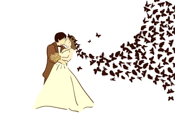 Bride and Groom Silhouette. Muitas borboletas voadoras. Ilustração vetorial — Vetor de Stock