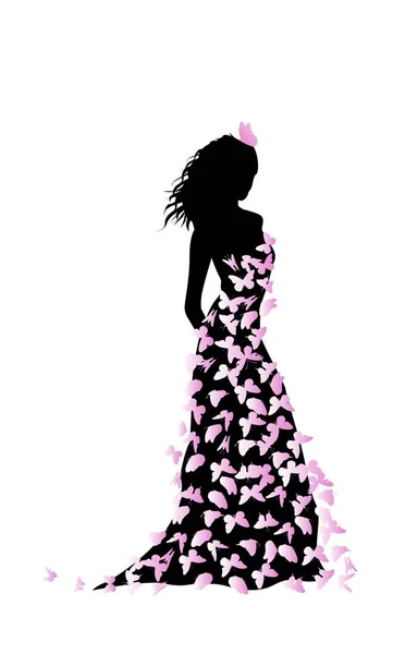 Profilo della bella ragazza silhouette Con un vestito di farfalle - illustrazione vettoriale — Vettoriale Stock