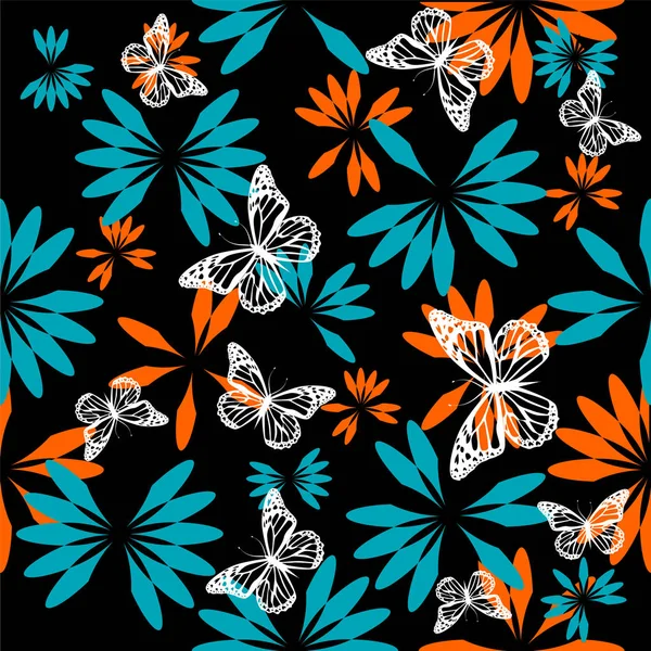 蝶とシームレスな花の背景。ベクトルイラスト — ストックベクタ