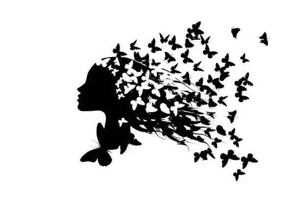 Hermosa silueta de perfil de niña con mariposas volando de su cabello aislado sobre fondo blanco - ilustración vectorial — Archivo Imágenes Vectoriales