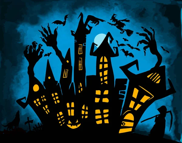 Happy Halloween. A castle of horrors with ghosts. Vector illustration — Stock Vector