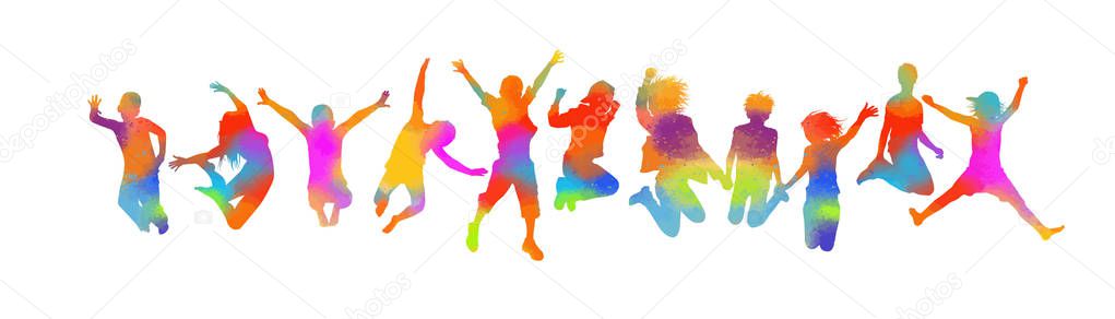 Silhouettes of jumping multicolored friends. Happy Friends Day. Usable as greeting cards, posters, clothing, t-shirt for your friends. Vector illustration