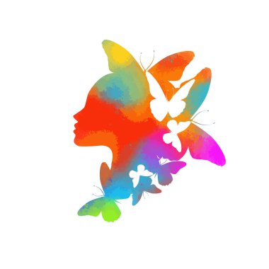 Beyaz arka plan üzerinde izole saçından uçan kelebekler ile güzel çok renkli kız profil silueti - vektör illüstrasyon