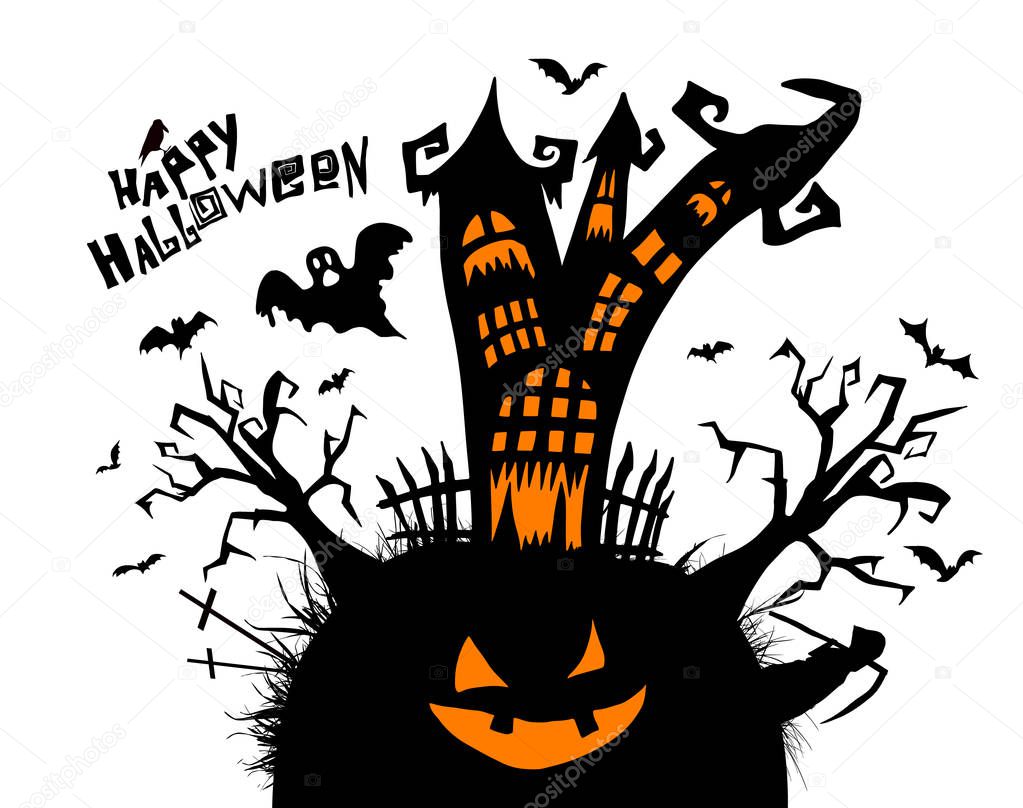 Happy Halloween. A castle of horrors with ghosts. Vector illustration